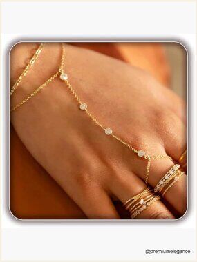 14K Gold Plated Hand Chain Bracelet with Finger Ring Adjustable Dainty